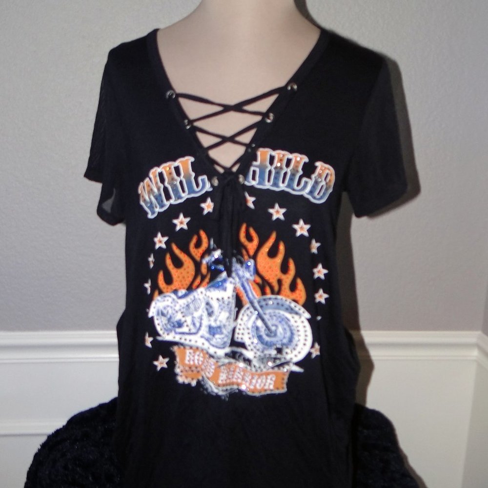 Liberty Wear Women's Sexy Flaming WILD CHILD Motorcycle t-shirt  SZ L NWT